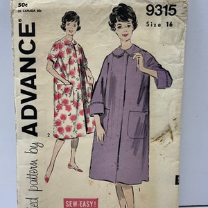 May include: Vintage sewing pattern for a coat or dress, size 16, from Advance pattern company. The pattern is for a long-sleeved garment with a collar and pockets. The pattern is printed on a white background with a pink and white floral design.
