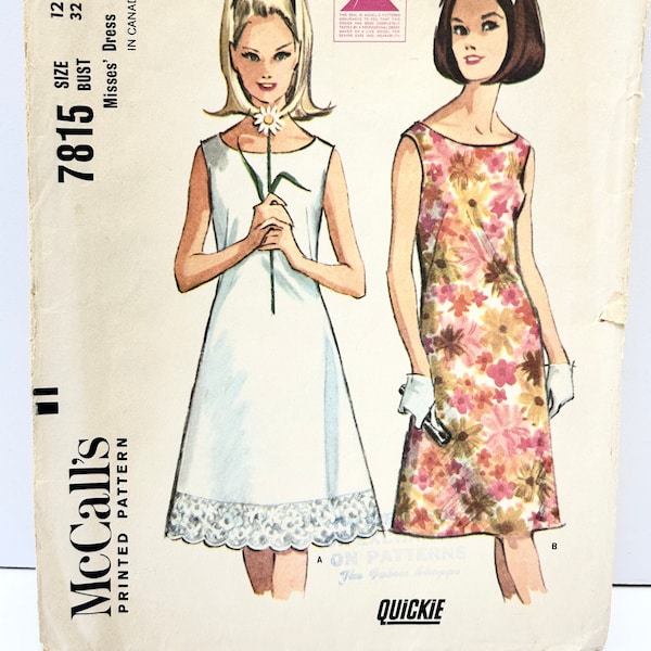 Vintage 1960's McCall's 7815 Size 12 Sleeveless Dress with Bateau Neckline