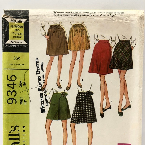 Vintage 1960's McCall's 9346 Size 25.5 Waist A-line Skirt Mini Skirt Wrap Skirt Pattern