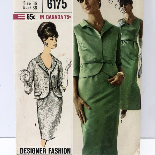 Vintage 1960's Simplicity 6175 Size 18 Designer Fashion Dress and Jacket Pattern Ankle or Street Length