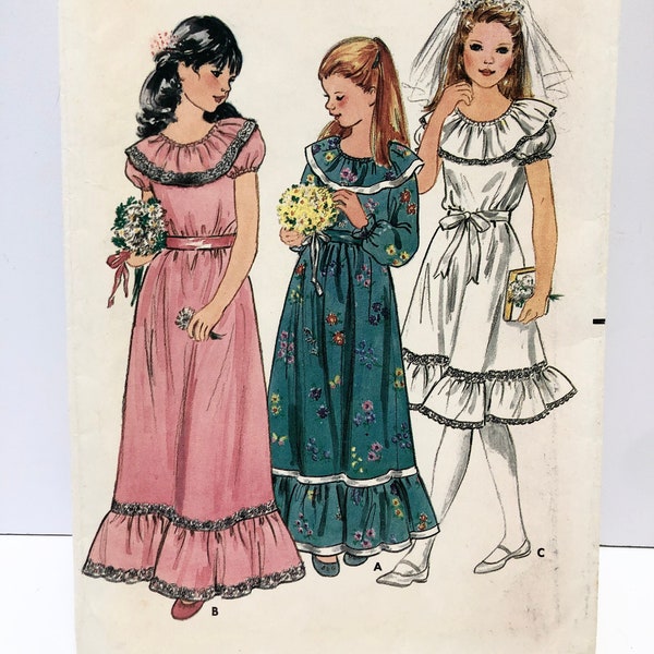 1970's Butterick 3118 Girl's Size 10 Communion & Flower Peasant Dress Pattern Maxi and Short