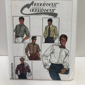 May include: Simplicity pattern 7015, La Collection du Connaisseur, for shirts. The pattern includes five different shirt styles, including a long-sleeved shirt with a bow tie, a short-sleeved shirt with a plaid pattern, and a shirt with a pocket.
