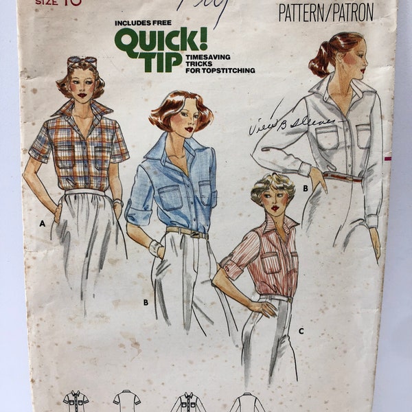 Vintage 1970's Butterick 5859 Size 10 Blouse Shirt Pattern