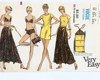 Vintage 1970's Very Easy Vogue 8313 Size 10 Swimsuit Top Skirt and Garment Bag Pattern