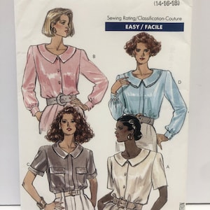 Puede incluir: Un patrón de costura para una blusa con cuatro estilos diferentes. El patrón es de Butterick y es de talla 14-16-18. El patrón está etiquetado como fácil de coser.