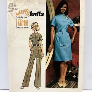May include: Simplicity sewing pattern number 5557 for a dress and pants. The pattern is for stretch knits only. The pattern includes instructions for easy cut and easy sew. The pattern is for size 16, bust 38 inches, waist 30 inches.