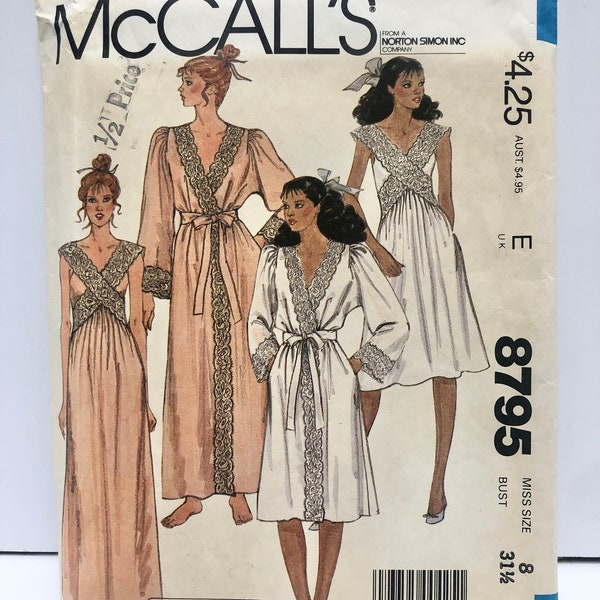 Uncut Vintage 1980's McCall's 8795 Size 8 Bill Tice Robe with Self Belt and Nightgown Pattern