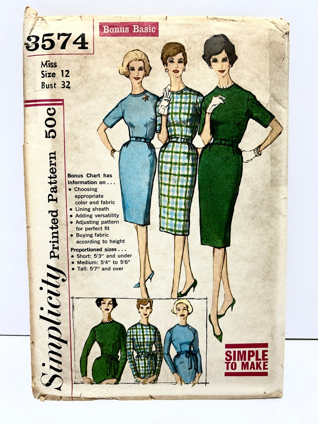 Uncut Vintage 1960's Simplicity 3574 Basic Dress Pattern Size 12 Simple ...