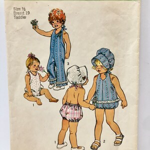 Vintage 1970&#39;s Simplicity 6418 Toddler Size One Half Breast 19 Playsuit Bell Bottom Jumpsuit and Bonnet Pattern