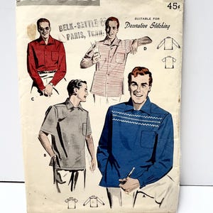 Könnte beinhalten: Vintage Butterick Schnittmuster mit Abbildungen von Herrenhemden. Das Muster enthält eine mittlere Kragenweite von 38,1 cm bis 39,4 cm und ist für dekorative Nähte geeignet. Der Preis beträgt 45¢.