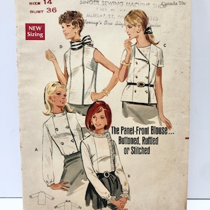 May include: Vintage sewing pattern for a panel-front blouse. The pattern is for sizes 14 and 36 bust. The pattern is called "The Panel-Front Blouse... Buttoned, Ruffled or Stitched".