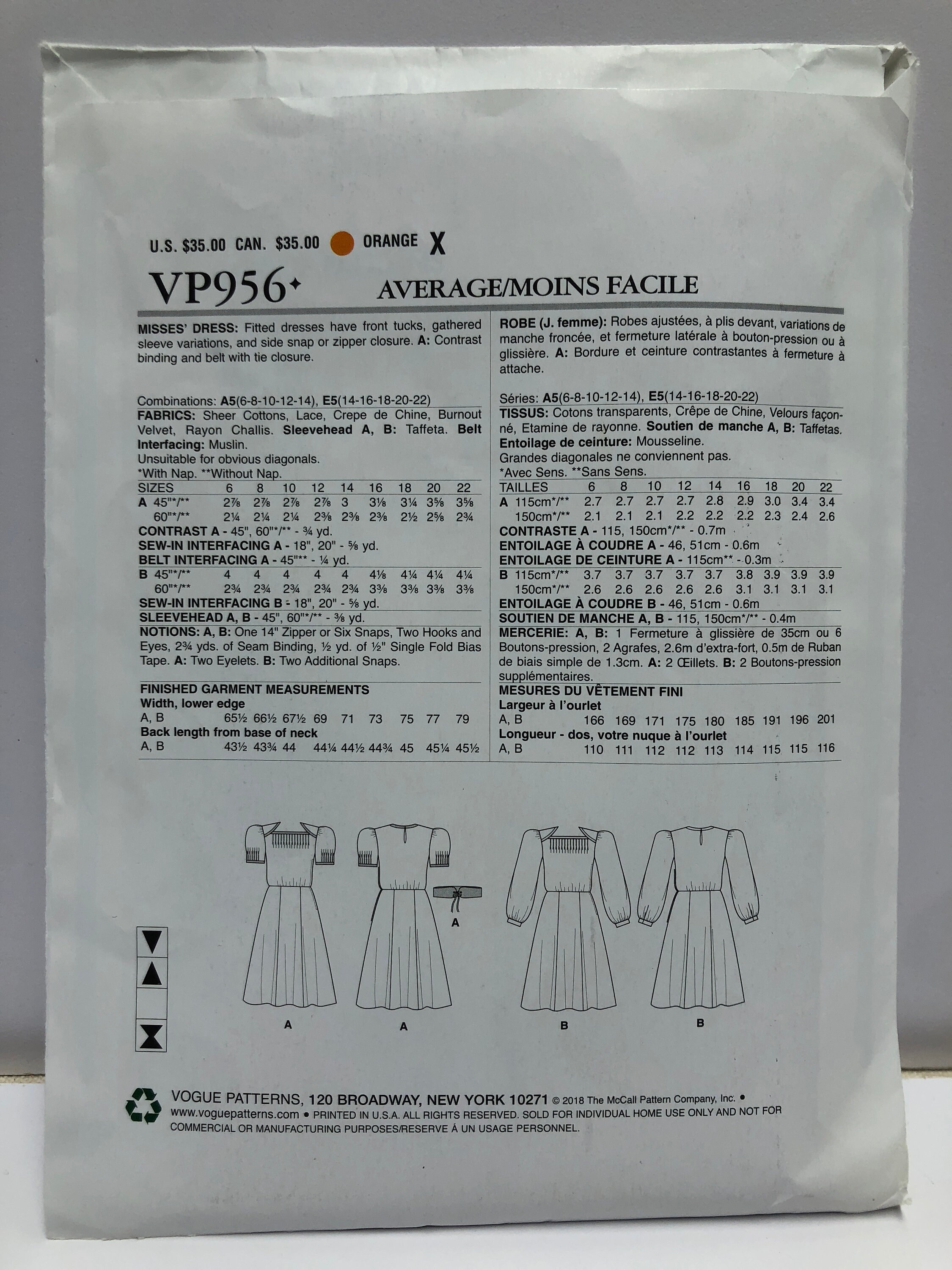 Uncut Vogue Vintage Original 1940 Design Dress Pattern VP956 Size