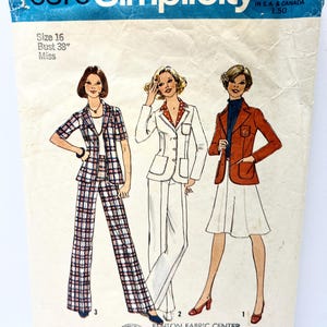 May include: Vintage Simplicity sewing pattern, size 16, bust 38 inches. The pattern features illustrations of three different women's outfits: a plaid pantsuit, a white suit, and a skirt suit with a blazer. The pattern includes the text "6876 Simplicity".