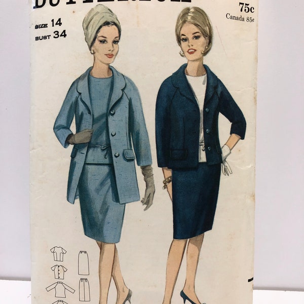 Vintage 1960's Butterick 3443 Three Piece Suit Pattern Blouse Jacket Skirt Size 14