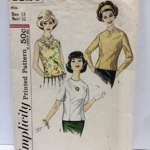 Vintage 1960&#39;s Simplicity 4523 Size 12 Blouse Pattern Long Short or Sleeveless