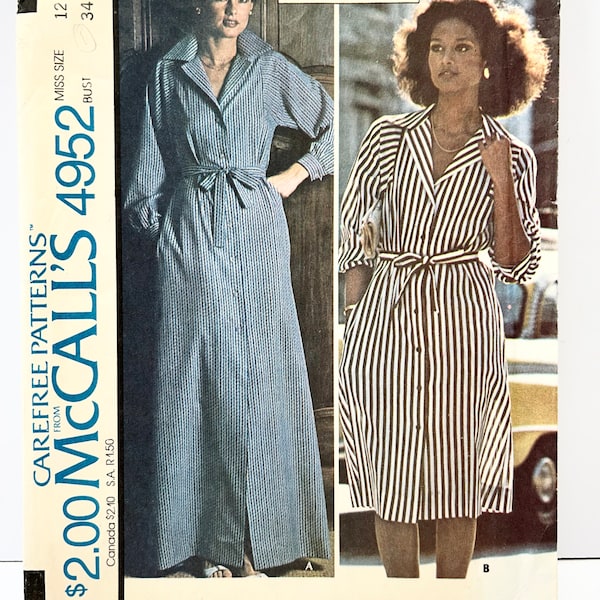 Uncut Vintage 1970's McCall's 4952 Size 12 Halston Shirt Dress or Maxi Dress