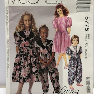 Uncut 1990&#39;s McCall&#39;s 5775 Lanz for Girl&#39;s Size CJ 10,12,14 Dress Jumpsuit and Detachable Collar Pattern Cottagecore