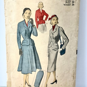 May include: Vintage sewing pattern for a skirt suit. The pattern is from Advance, pattern number 5944, size 16, bust 34, waist 28. The pattern shows two different skirt styles, one with a full skirt and one with a pencil skirt.