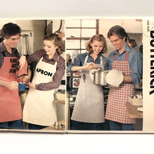 May include: A vintage sewing pattern from Quick-Butterick for aprons. The pattern is for size 6663 and costs $1.75. The pattern shows three people wearing different aprons, one with the text "Eat at Joe's", one with the text "Apron", and one with a red and white checkered pattern.