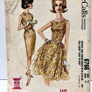 Vintage 1960&#39;s McCall&#39;s 6766 Size 12 Dress with Slim or Full Skirt Pattern Easy To Sew
