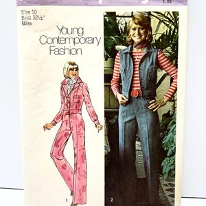 May include: A vintage Simplicity sewing pattern, number 6526, featuring illustrations of Young Contemporary Fashion. The pattern includes a jumpsuit and a denim vest and pants outfit. The bust size is 32 1/2 inches.