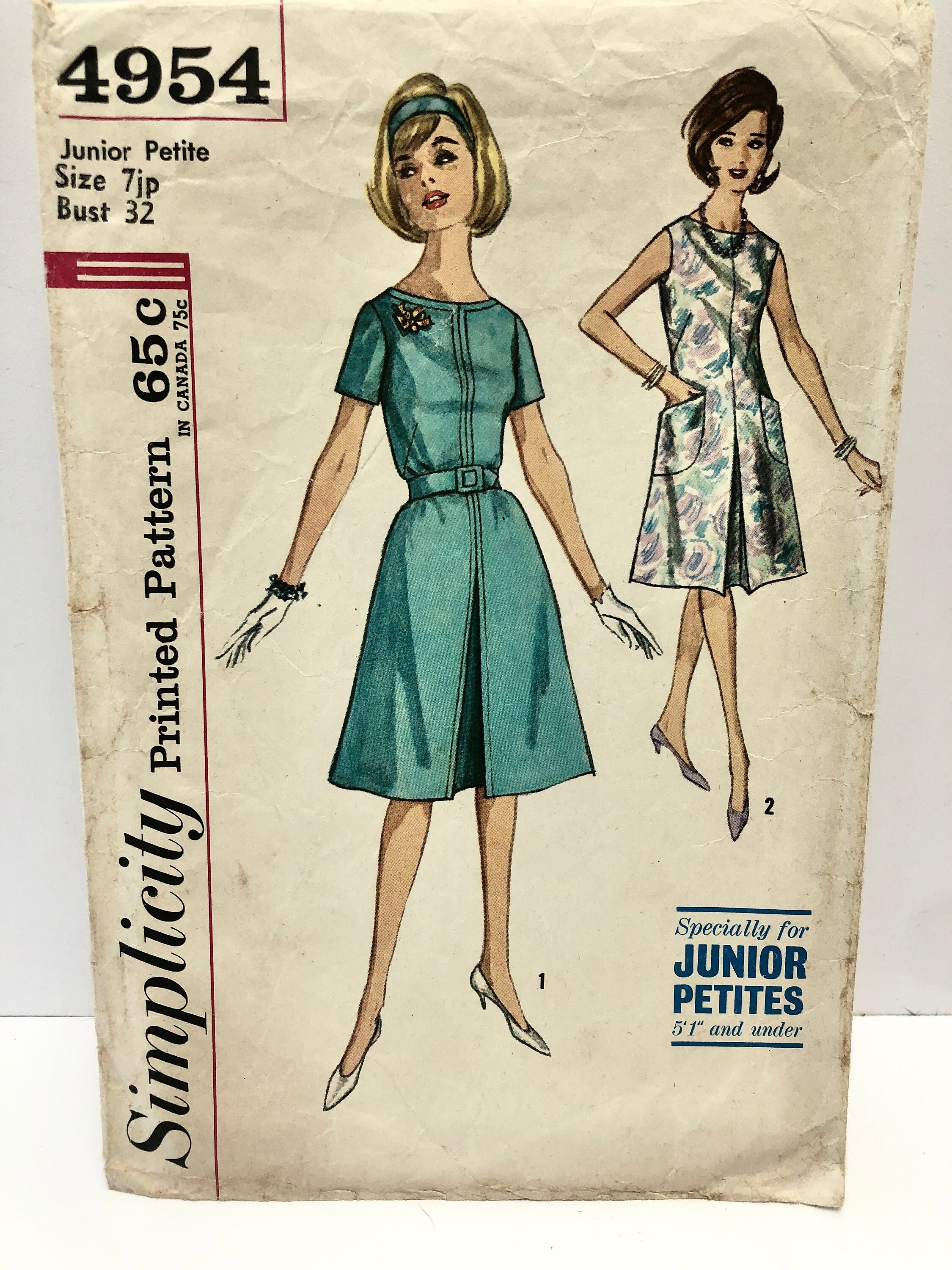 Vintage 1960's Simplicity 4954 Size 7jp Dress Pattern Short