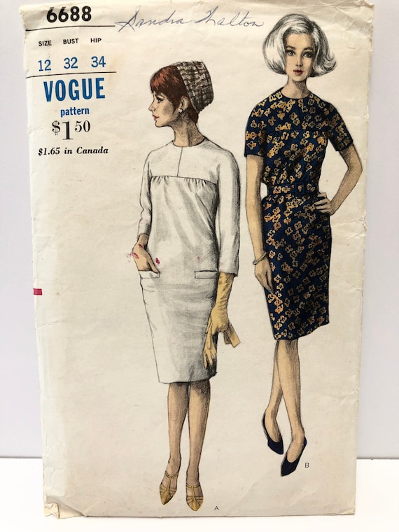 Vintage 1960's Vogue 6688 One-piece Dress Pattern Size 12 - Etsy