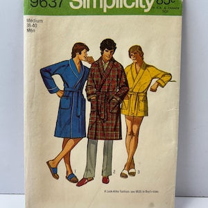 May include: Vintage Simplicity sewing pattern 9637 showing illustrations of three men in robes. The pattern includes sizes Medium 38-40. The cover has a green banner with the Simplicity logo and price.