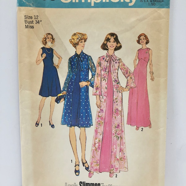 Vintage 1970's Simplicity 6938 Size 12 Long or Short Dressy Dress with Cover-Up Pattern Look Slimmer