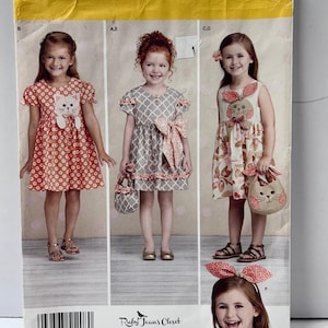 Patron Simplicity 1208 pour enfant, tailles 3-4-5-6-7-8, robe Ruby Jeans, sac à main chat lapin, bandeau