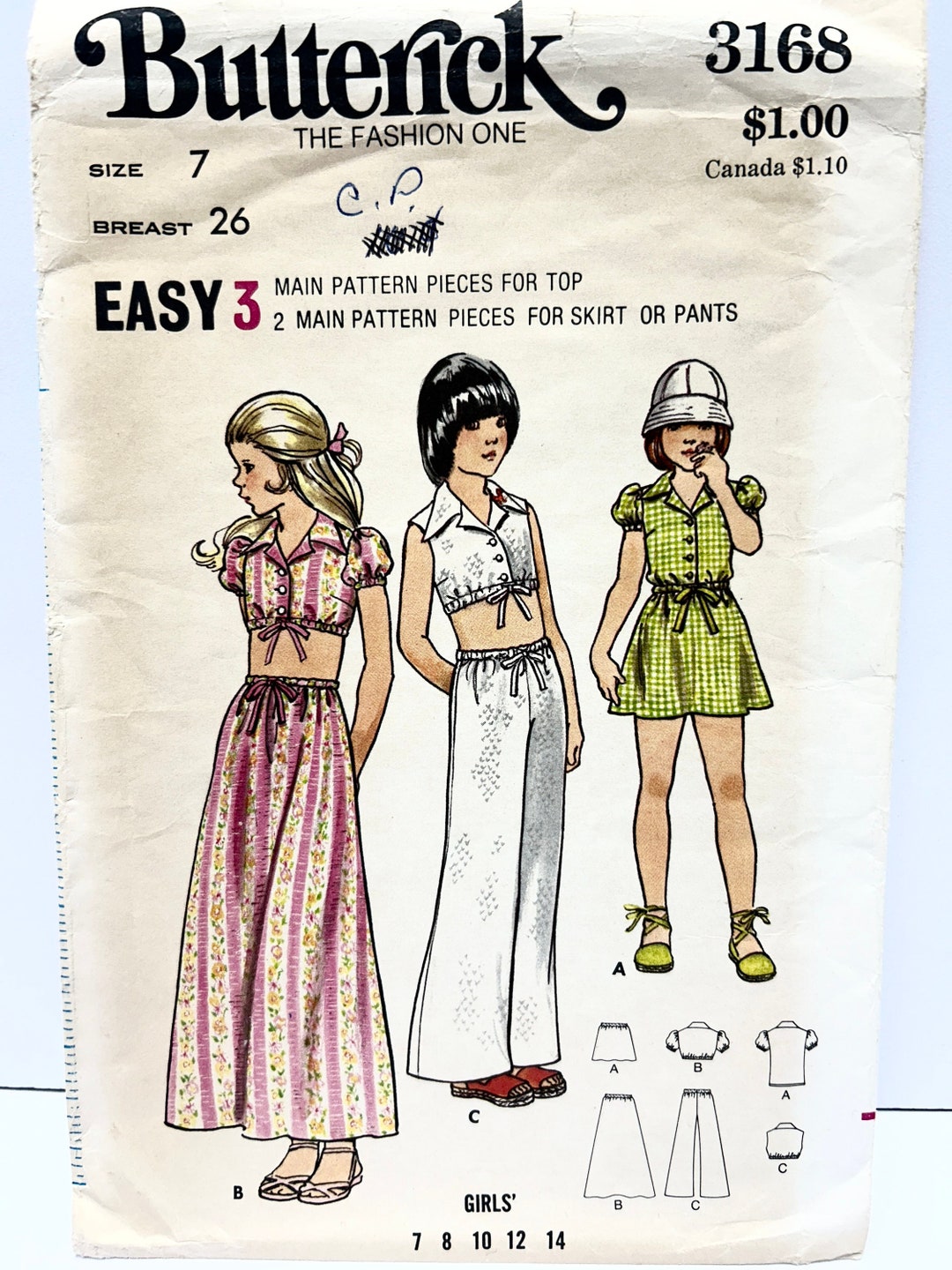 S3168 Pattern Uncut Vintage 1970's Butterick 3168 Girl's Size 7 Maxi or Mini Skirt ...