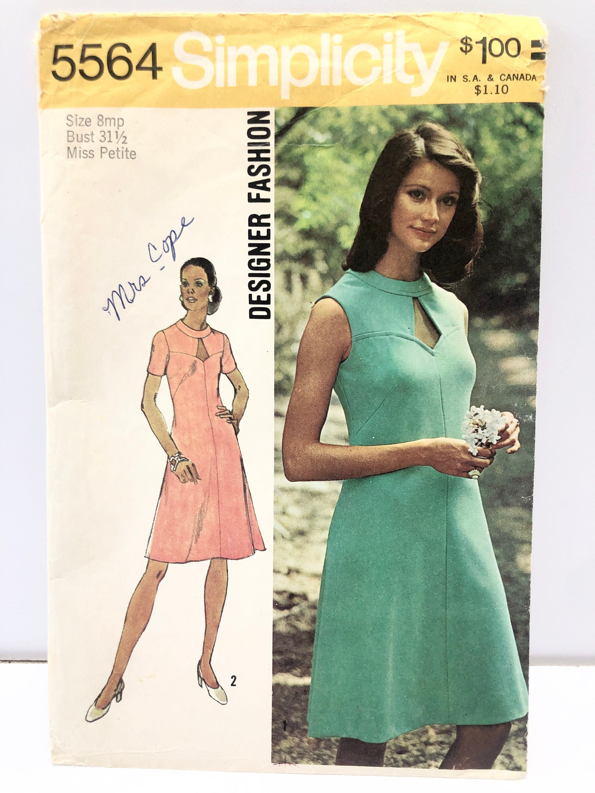 Vintage 1970's Simplicity 5564 Size 8mp A-line Dress Pattern