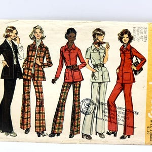 May include: Vintage Simplicity sewing pattern 5247 featuring five women's fashion illustrations. The designs include suits and pantsuits in various colors and patterns. The pattern includes measurements for bust, waist, and half-size. The price is $1.00 in the USA and $1.10 in Canada.