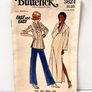 May include: A Butterick 3624 sewing pattern envelope featuring illustrations of two garments: a striped tunic with three-quarter sleeves paired with blue flared trousers, and a long, light-coloured kaftan-style dress with side slits and long sleeves.