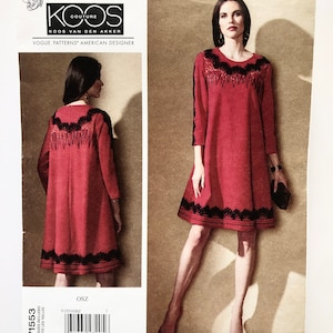 May include: A red dress pattern by Koos Van Den Akker, featuring black lace trim and accents. The pattern includes multiple sizes and is designed for Vogue Patterns. The dress has long sleeves and a flared skirt.