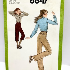 May include: Simplicity sewing pattern number 8847 for young junior/teen sizes 9/10. The pattern includes instructions for making a pair of trousers with a high waist and a button-down shirt with long sleeves.