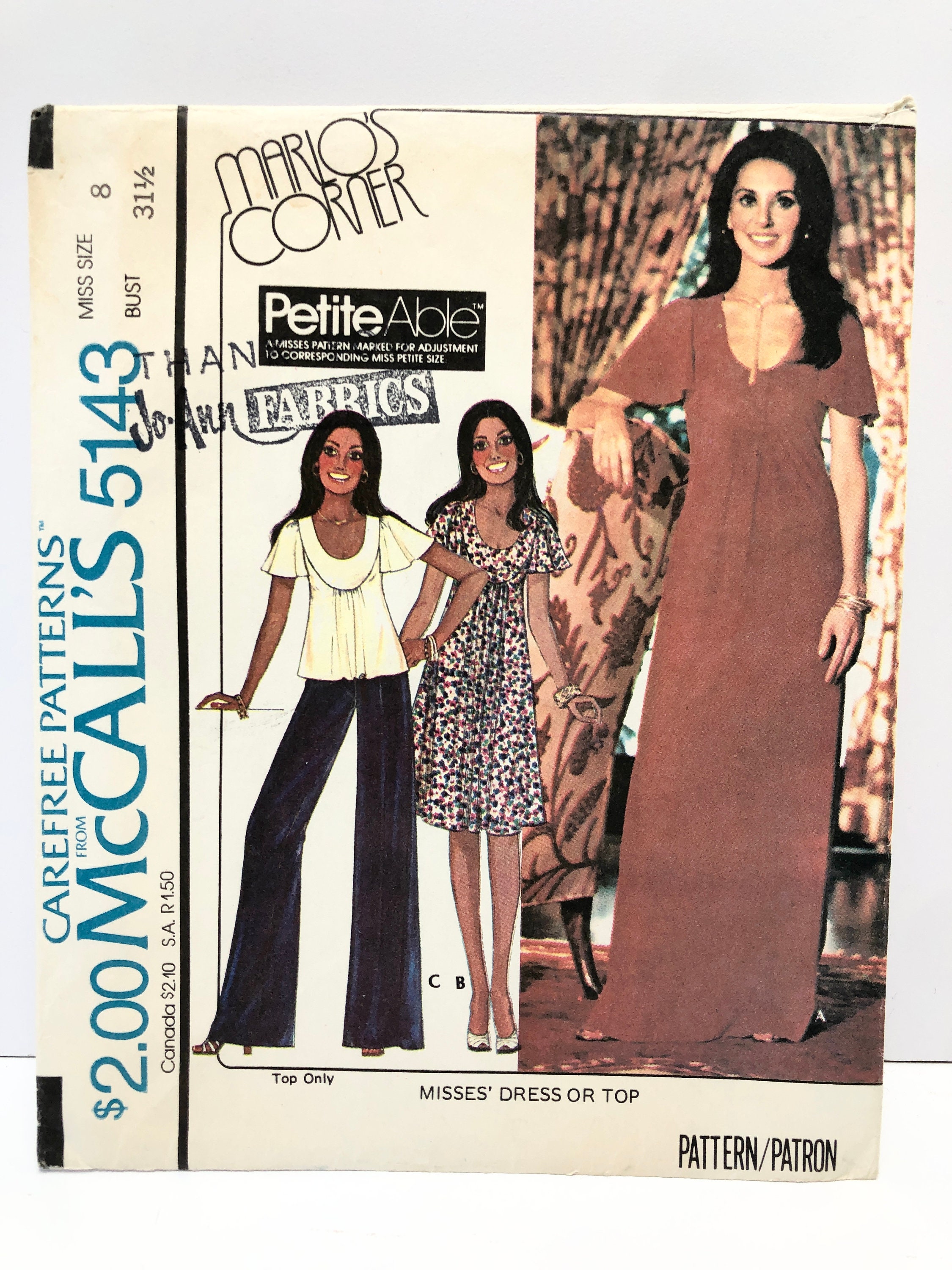 1970's Mccall's 5143 Size 8 Marlo's Corner Dress or Top Pattern
