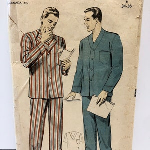 May include: Vintage sewing pattern for a men's pajama set. The pattern is for sizes 34-36 and includes instructions for making a striped pajama top and pants, as well as a solid blue pajama top and pants. The pattern is from Advance, pattern number 5878.