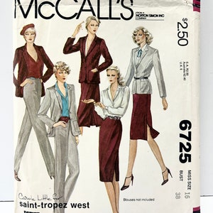 May include: A vintage McCall's sewing pattern for a women's skirt and jacket. The pattern is for size 16 and has a bust measurement of 38 inches. The pattern is titled "Carole Little for Saint-Tropez West" and features a petite-able option.