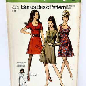 May include: Simplicity sewing pattern number 8884 for a mini-length dress. The pattern is for misses' sizes and includes a bonus chart for making a better fitting princess dress. The pattern cover features three illustrations of women wearing different versions of the dress.