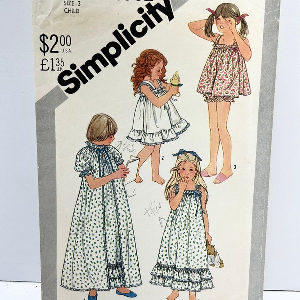 Vintage 1980's Simplicity 5562 Child Size 3 Nightgown Robe Baby Doll Pajamas Pattern