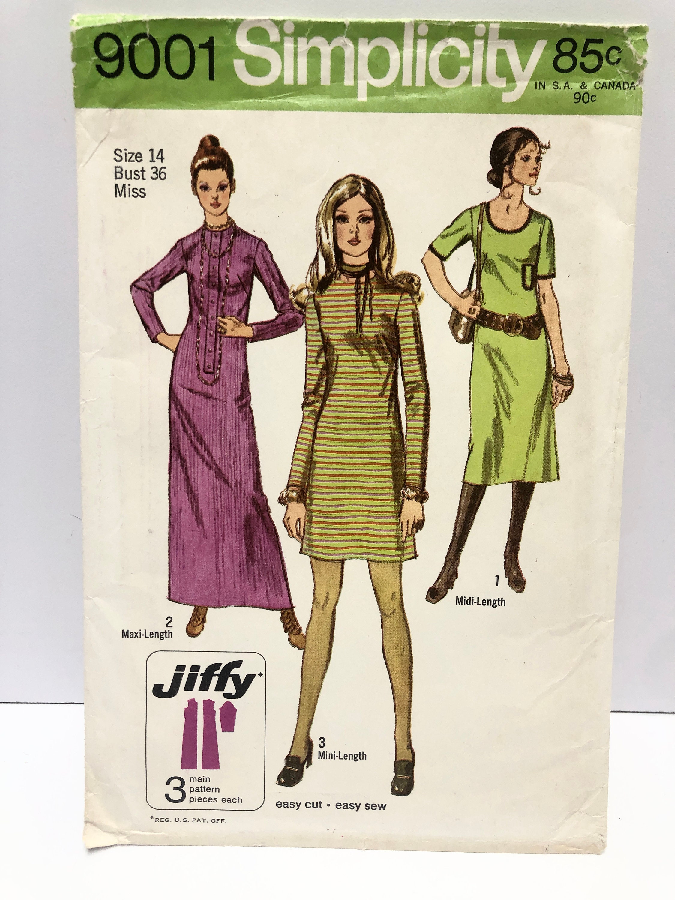 1970's Simplicity 9001 Size 14 Jiffy Maxi Midi or Mini