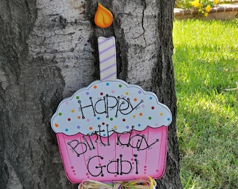 Happy Birthday Cupcake Yard Stake - Boy or Girl Birthday Wood Outdoor Sign