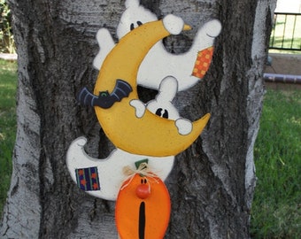 Ghosts, Pumpkin, Moon and Bat Halloween Wood Yard Art - Outdoor Decoration - Welcome Sign