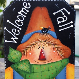 Fall Thanksgiving Scarecrow Welcome Wood Fall Sign Decoration Door or Wall Hanging image 1