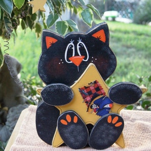 Halloween Black Cat with Star - Shelf Sitter - Wood Decoration