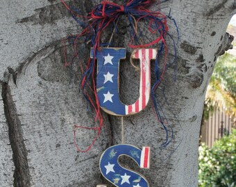 Americana Patriotic USA Wood Door Greeter -  Welcome 4th of July Block Sign - Wall Hanger