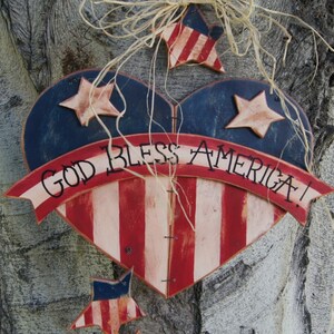 Patriotic 4th of July Wood Decoration Wall or Door Hanging Heart and Stars Welcome Sign image 3