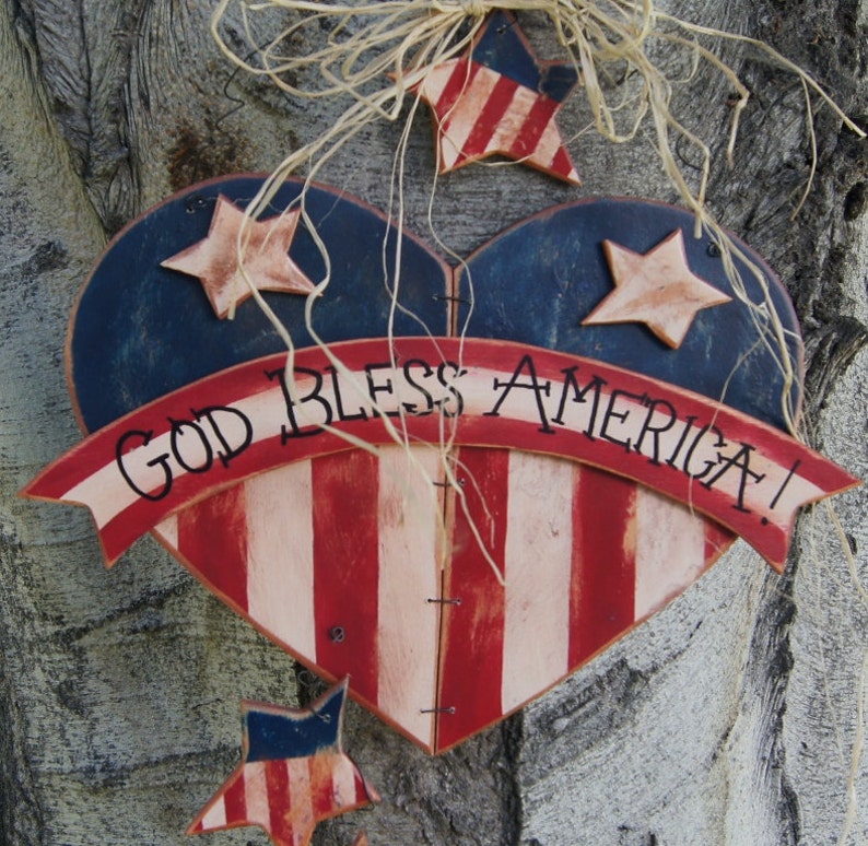 Patriotic 4th of July Wood Decoration Wall or Door Hanging Heart and Stars Welcome Sign image 3