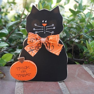 Halloween Black Cat with Pumpkin - Wood Decoration - Shelf Sitter
